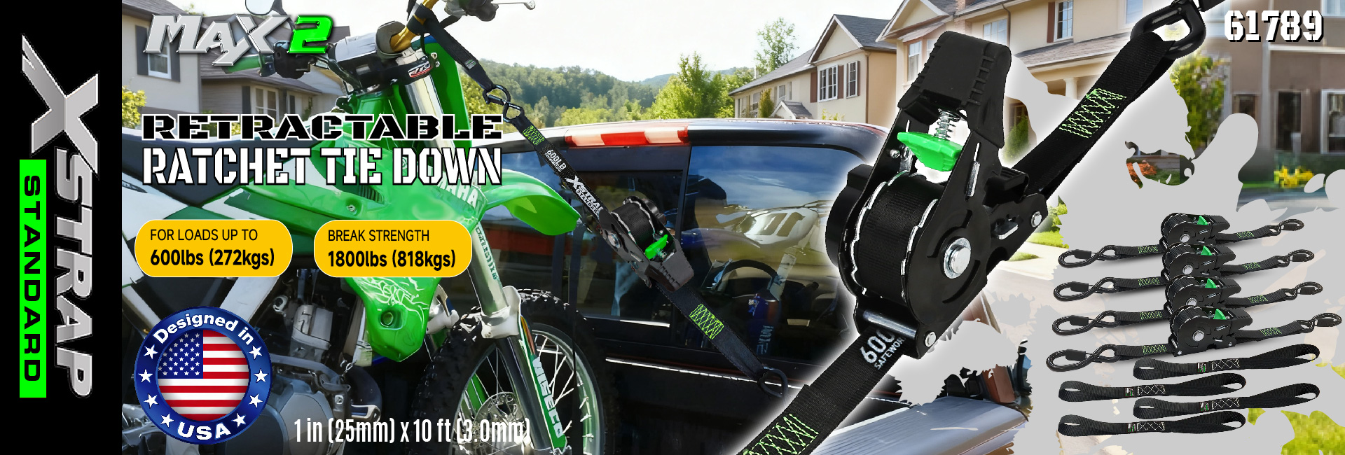 Xstrap 61789 Infällbara spärrremmar 1 tum x 10 fot Säkra fästen för motorcykel Jetski Kajak Brottstyrka 1 500 LBS/680 KG