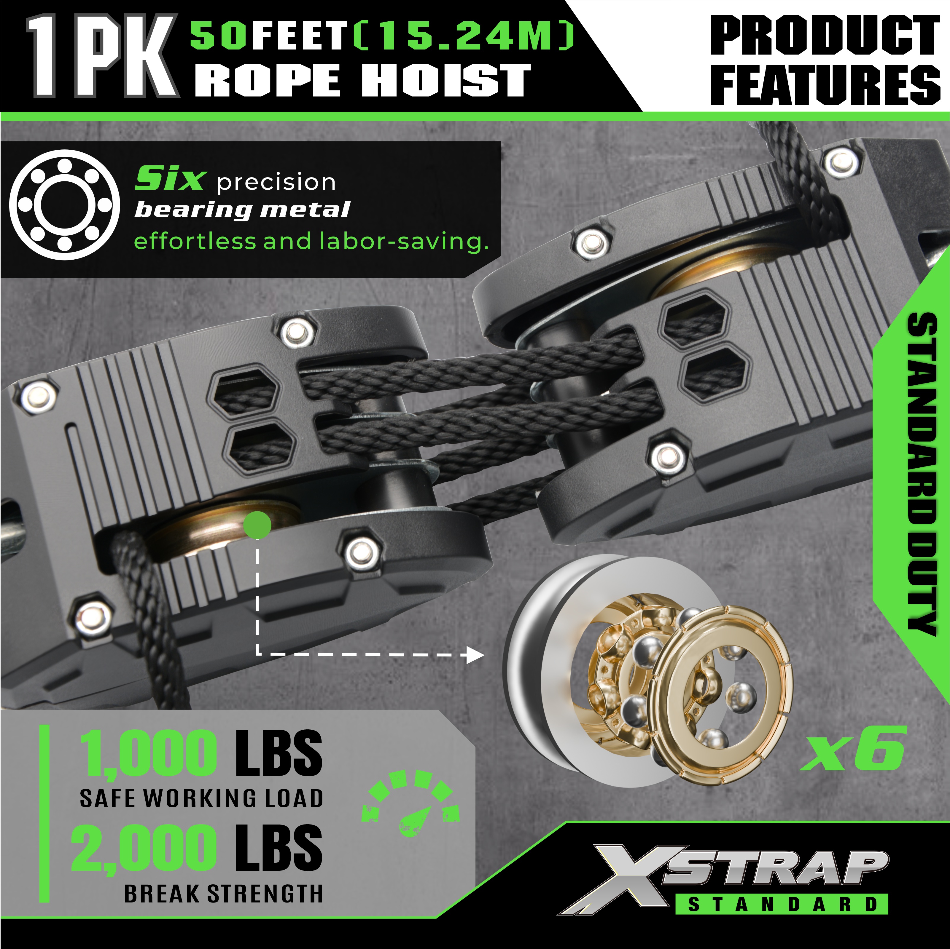 XSTRAP AHLT0003 Black Rope Hoist Pulley System 1000LB