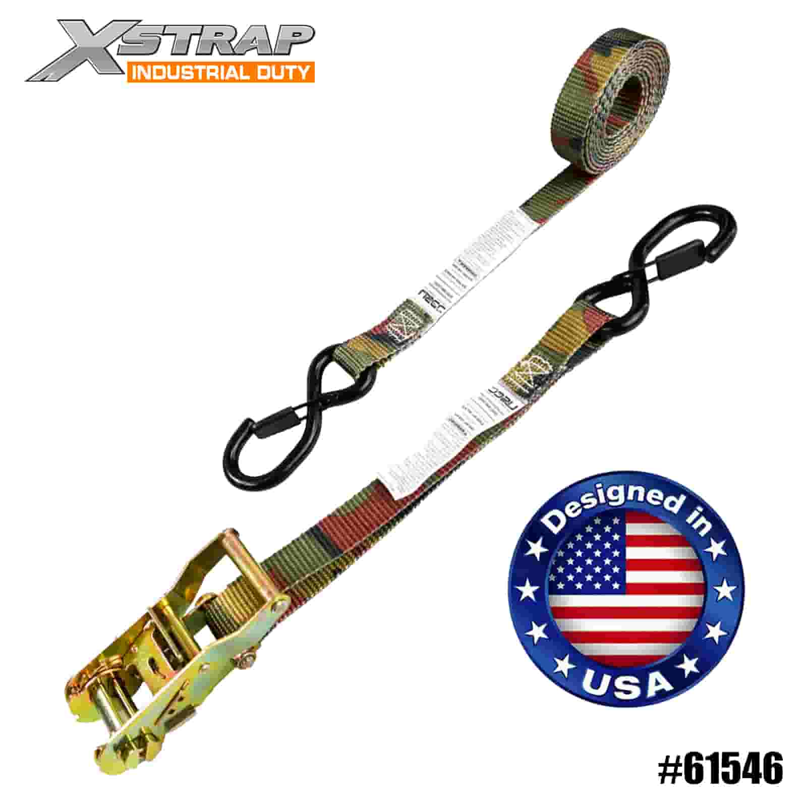 Xstrap 61546 1” x 8’ Camo Tree Stand Ratchet Strap med vinylbelagd säkerhets-S-krokar 666lb SWL