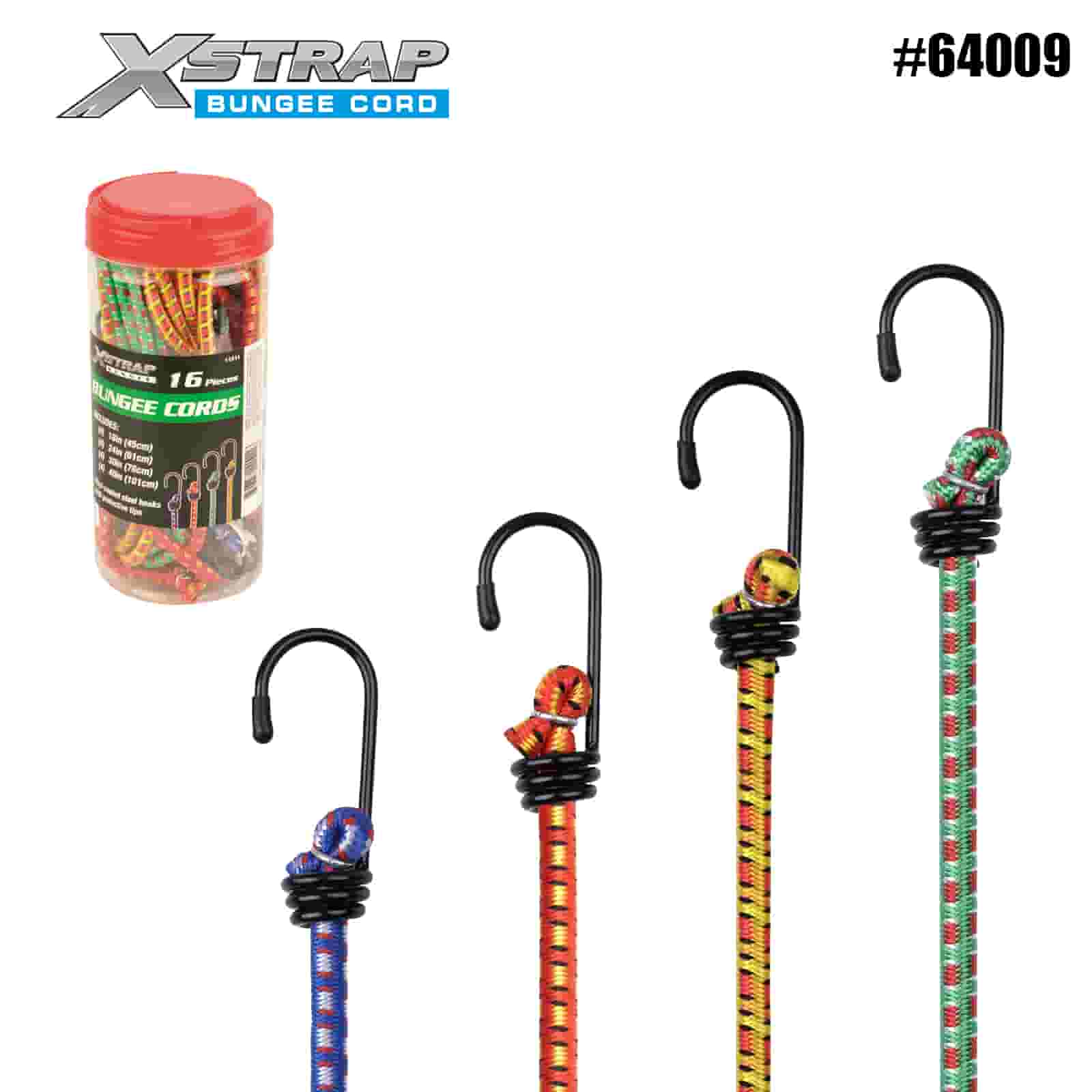 Xstrap 64009 16PK Bungee Cords 8 mm x 18”/24” /30”/ 40” 44-55lbs SWL